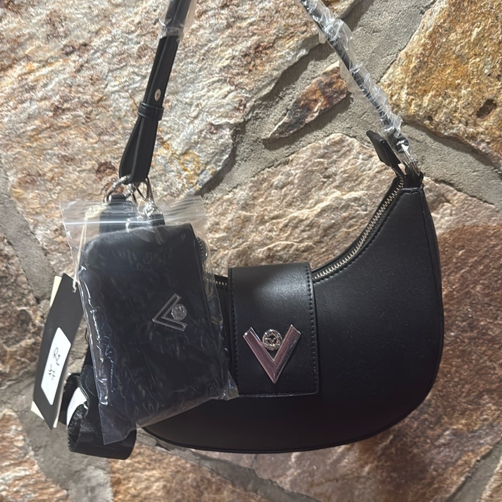 Valentino Black Vegan Leather Shoulder Bag with Logo Accent